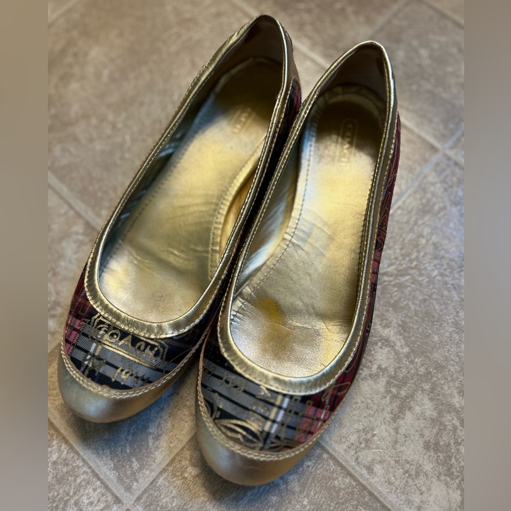 Coach Gold and Black Plaid Flats